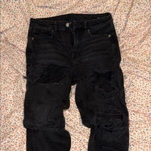American Eagle Outfitters Black Distressed Straight-Leg Jeans